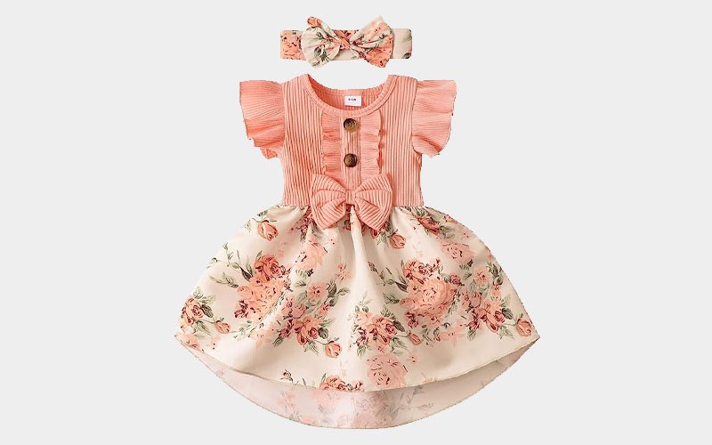 Baby girl easter dress and bonnet with floral ruffle sleeve