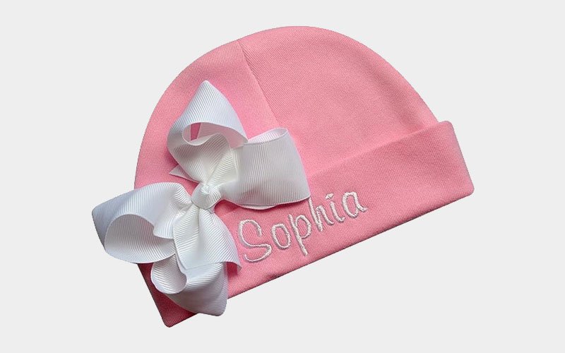 Personalized embroidered baby girl hat with grosgrain bow