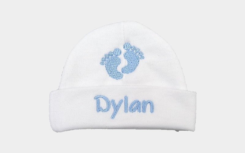 Ava's Miracles personalized baby boy hat with embroidered footprints
