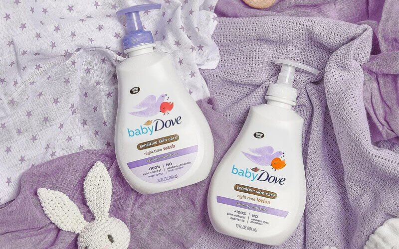 Dove sensitive skin care moisturizer for baby grooming and a calming bath